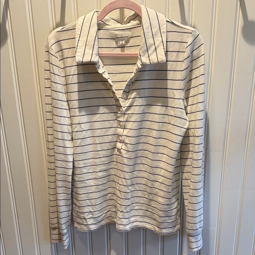 Thread & Supply Cream Top with olive Stripe Detail